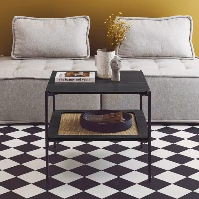 sweeek Square Coffee Table with Wood Effect and Rattan in Black, W/D/H: 60 x 60 x 52 cm – 1