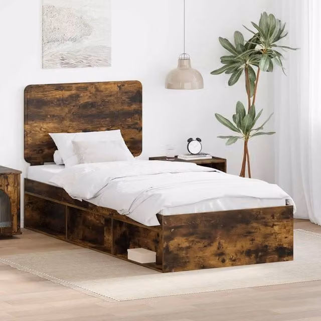 Berkfield Home Bed Frame with Headboard in Smoked Oak and Brown Solid Pine Wood, W: 75 cm, L: 190 cm – 1