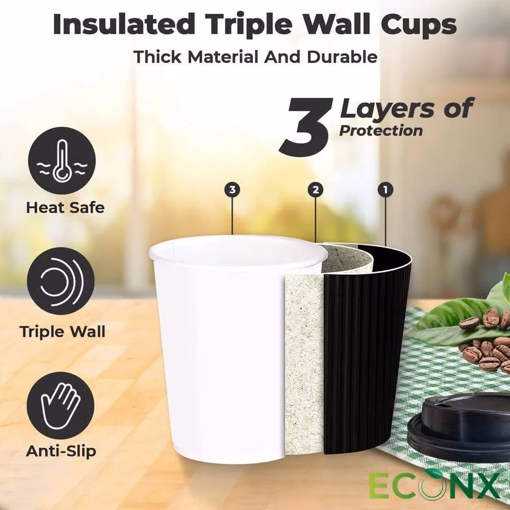 ECONX 200 Pack Disposable Kraft Ripple Paper Coffee Cups with Lids, Black, 16oz – 3