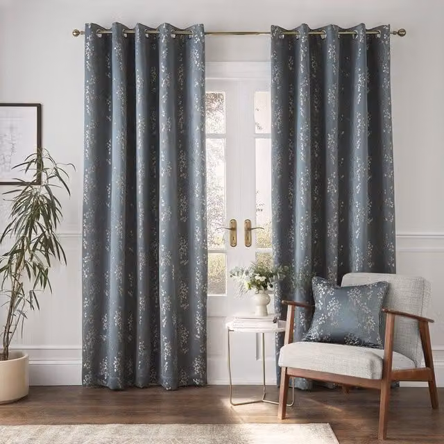 Wilstone Midnight Blue Floral Blackout Eyelet Curtains with Thermal Insulation
