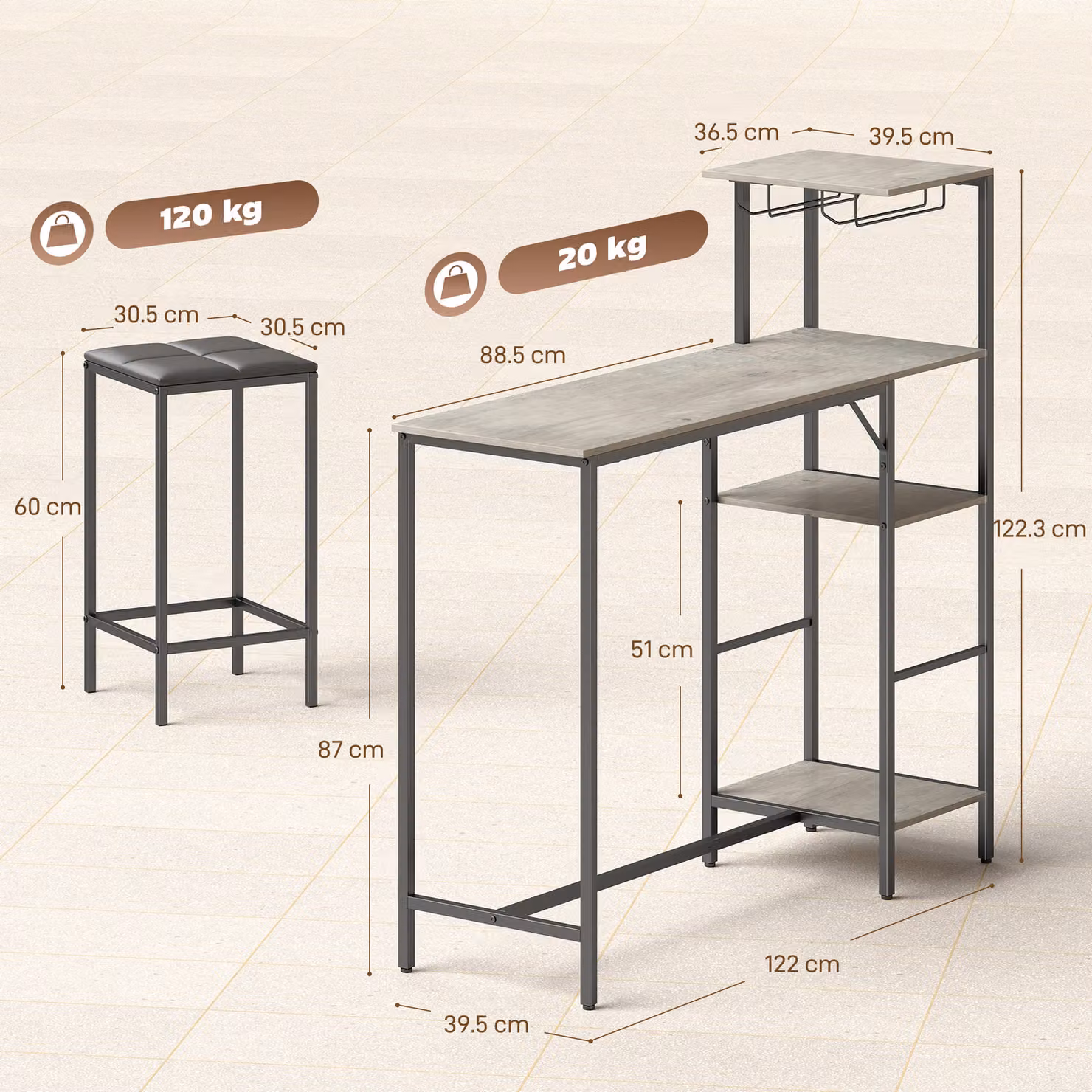 HOMCOM 3 Piece Breakfast Bar Table and Stools Set in Grey – 3