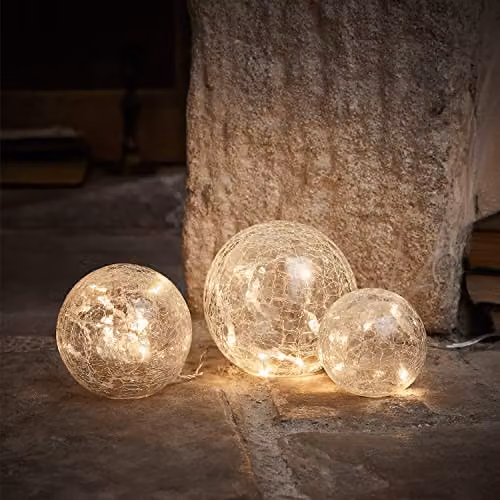 Lights4fun Set of 3 Crackled Glass Fairy Light Orbs, Transparent, W/D/H: 12 x 12 x 12 cm – 3