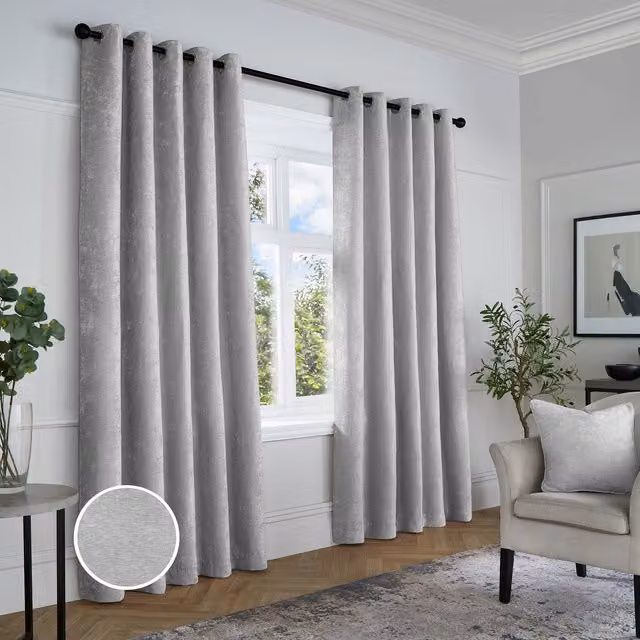 Terrys Grey Textured Chenille Blackout Eyelet Curtains