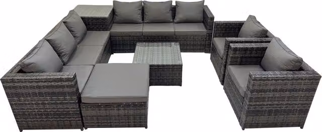 Fimous 9 Seater L-Shape Garden Rattan Furniture Set in Dark Grey with Upholstered Cushions, Coffee Table and Ottoman