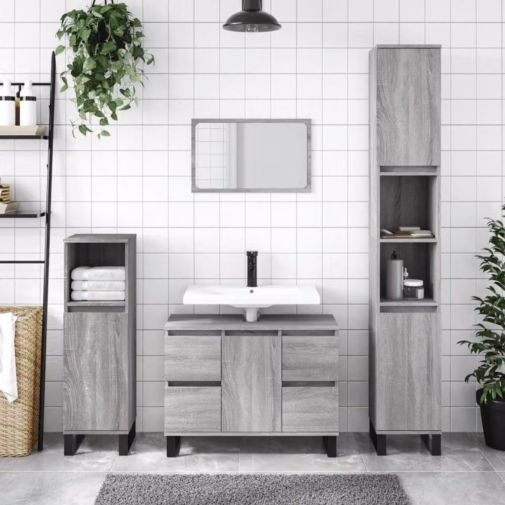 Berkfield Home Grey Sonoma Freestanding Bathroom Cabinet with Hinged Doors and Open Shelf, W/D/H: 30 x 30 x 100 cm – 2