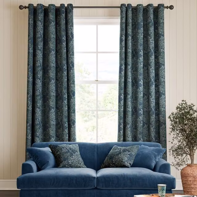 William Morris Foliage Made To Measure Blackout Cotton Eyelet Curtains in Blue