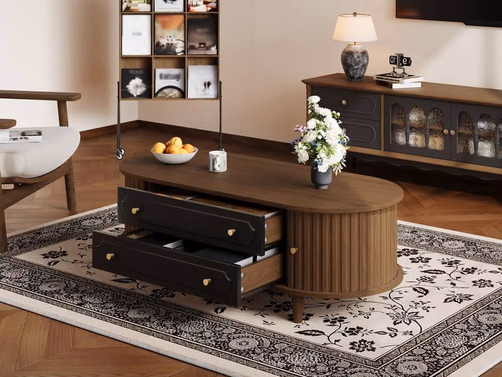 Merax Walnut and Black Oval Coffee Table with Two Drawers and Roll Up Doors – 7