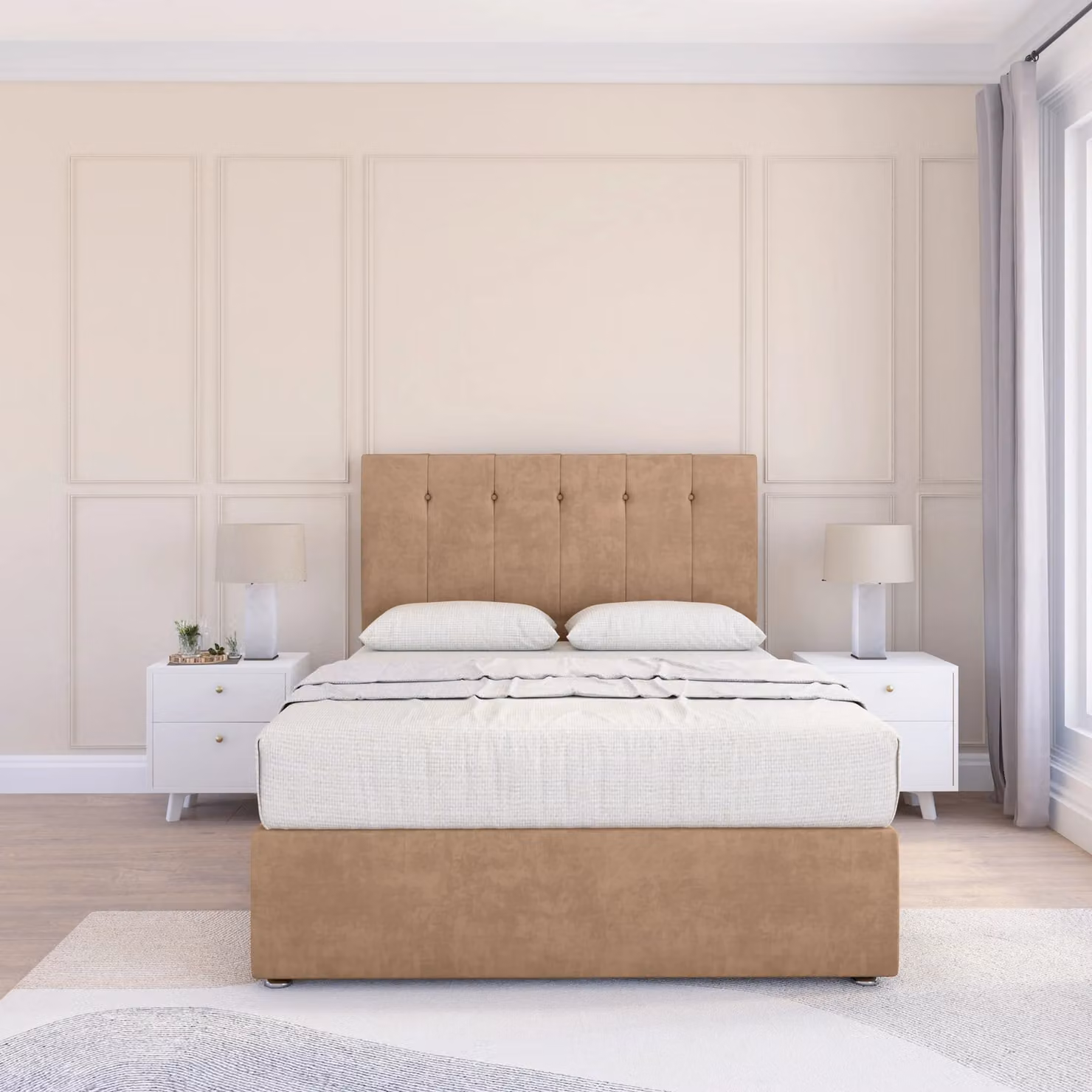 Sloomy Highbury Divan Bed Base with 54 inch Floor Standing Headboard in Light Beige, W/D/H: 120 x 200 cm