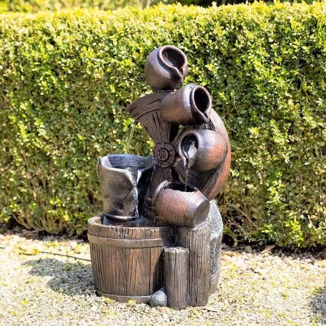 Primrose Santana Cascading Bowls Windmill and Bucket Water Feature with Lights in Brown, Height: 61 cm