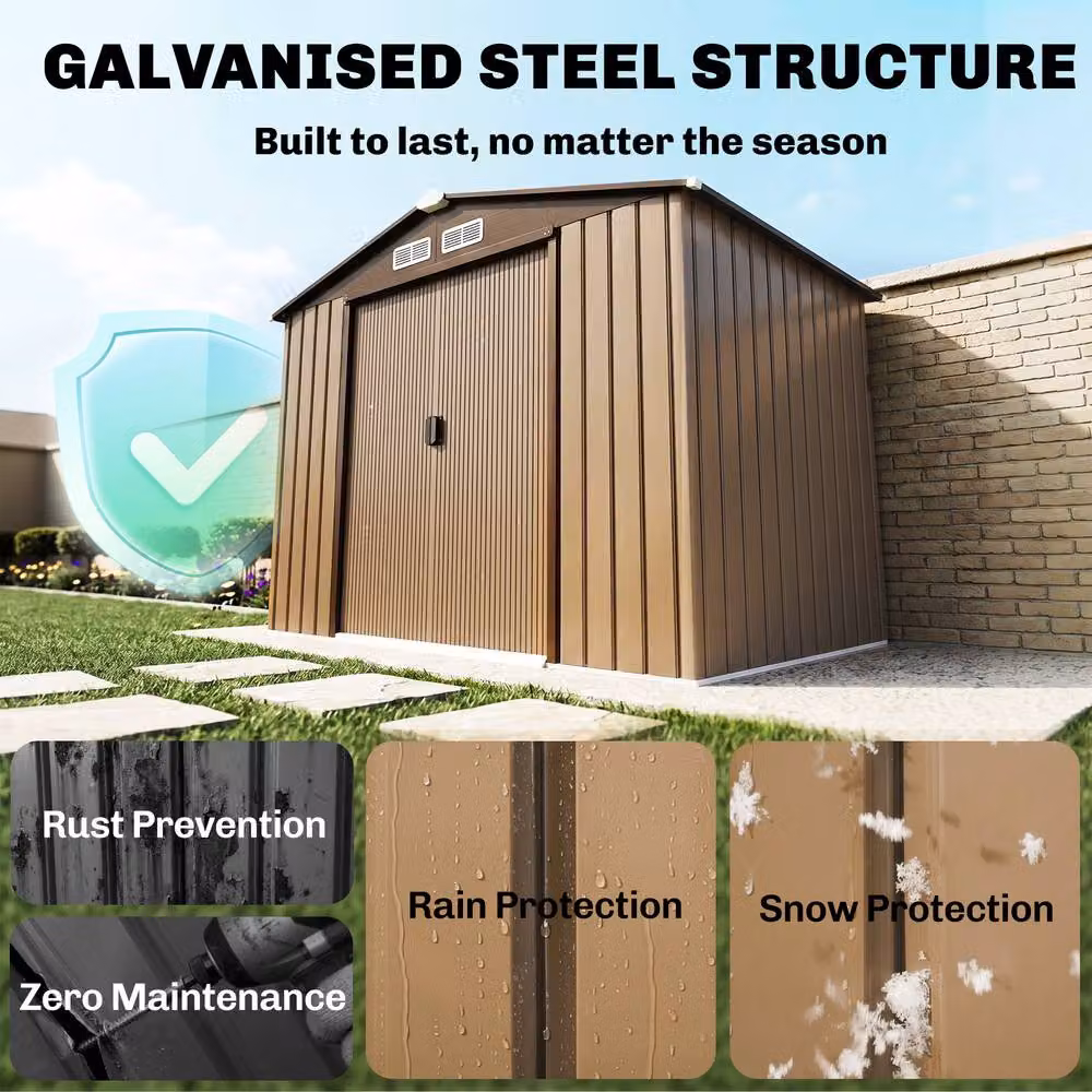 Rolipo Lockable Metal Garden Shed in Brown, W/D/H: 213.36 x 121.92 x 185 cm – 4