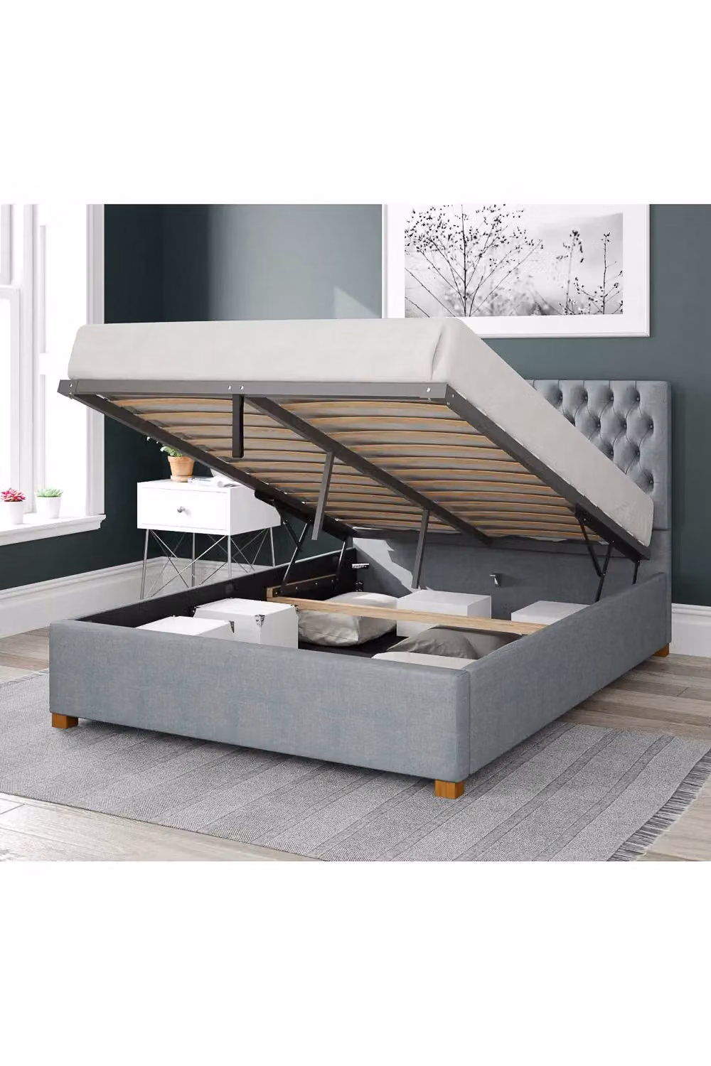 Aspire Nightingale Upholstered Ottoman Storage Bed in Blue Fabric, Super King, W/D/H: 200 x 190 x 35 cm – 2