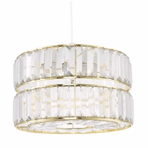 Happy Homewares Modern Double Tier Round Pendant Shade with Clear Acrylic Prisms and Gold Metal Frame, W: 15 cm, H: 25 cm