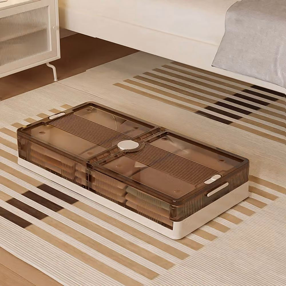 Voltico Foldable Underbed Storage Box with Lid and Wheels, 40L, Brown and Transparent – 2