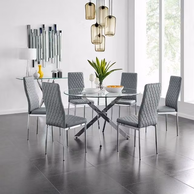 FurnitureboxUK Novara Round Glass Dining Table with 6 Milan Chairs in Grey, Diameter: 120 cm