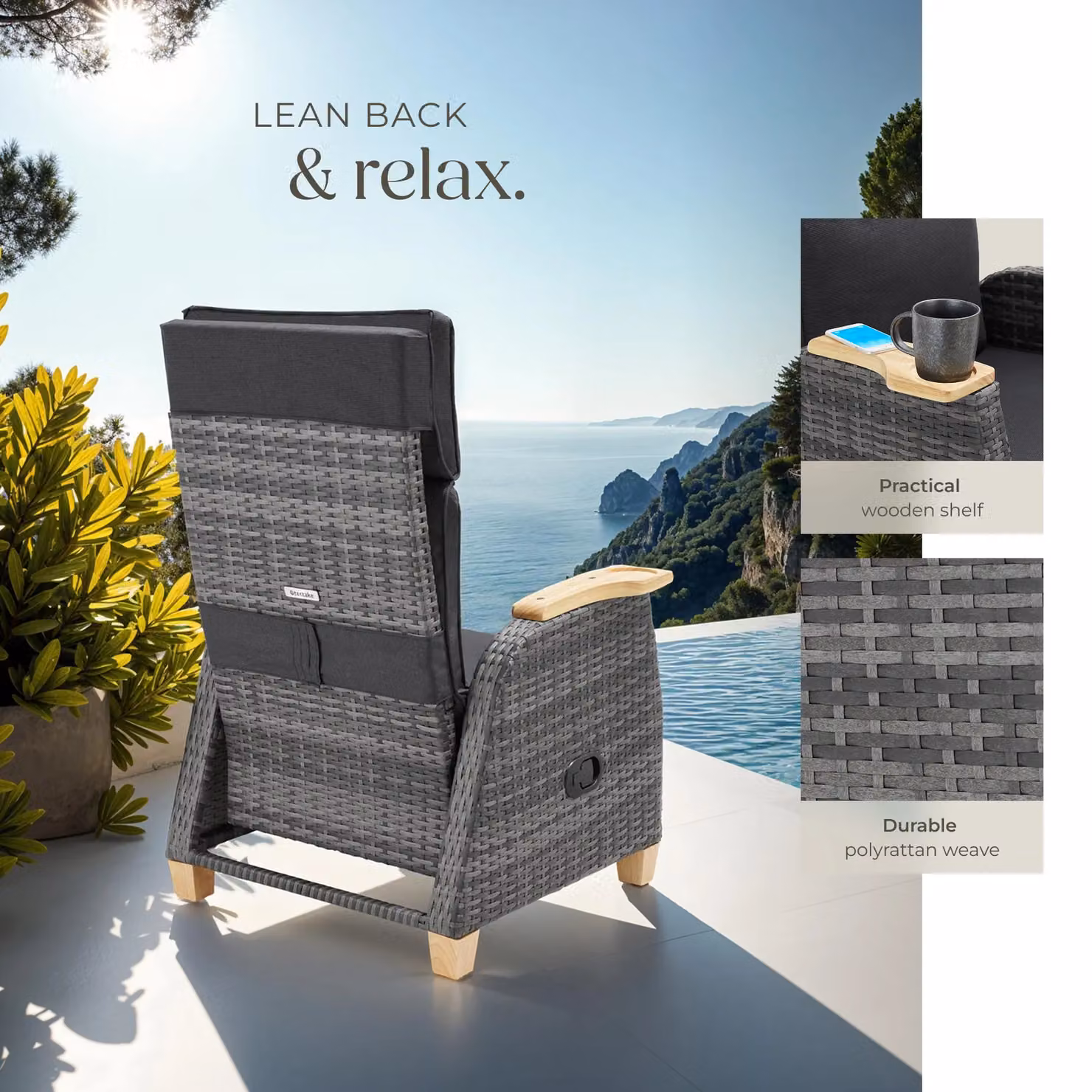tectake Pescara Grey Rattan Armchair with Aluminium Frame and Adjustable Backrest – 4
