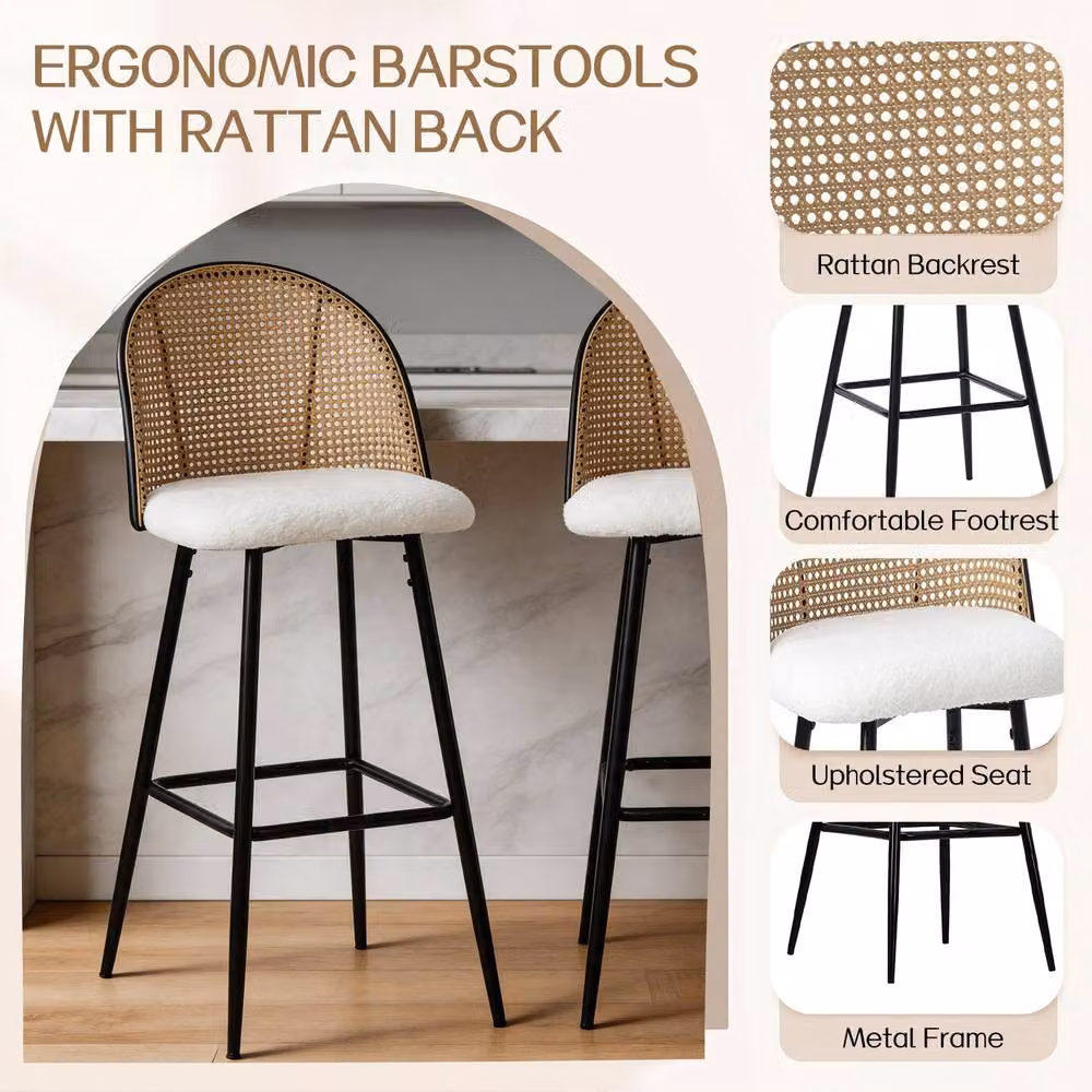 FURNITURE ONE Set of 2 Modern White Swivel Bar Stools with Rattan and Metal Design – 3