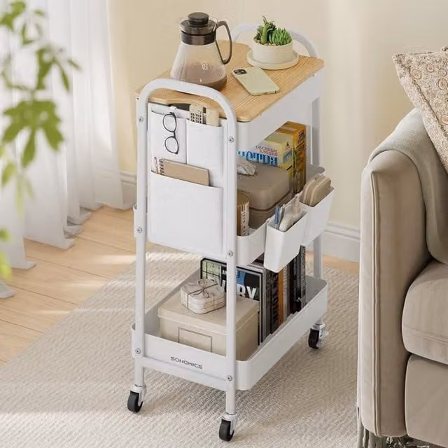 The Bazaarist 3 Tier Rolling Utility Cart with Tabletop in Cloud White