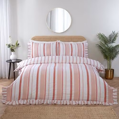 Rapport Home Maya Striped Reversible Polycotton Duvet Cover and Pillowcase Set in Pink, Double Size (Duvet Cover: 140 x 200 cm, Pillowcase: 50 x 75 cm) – 1