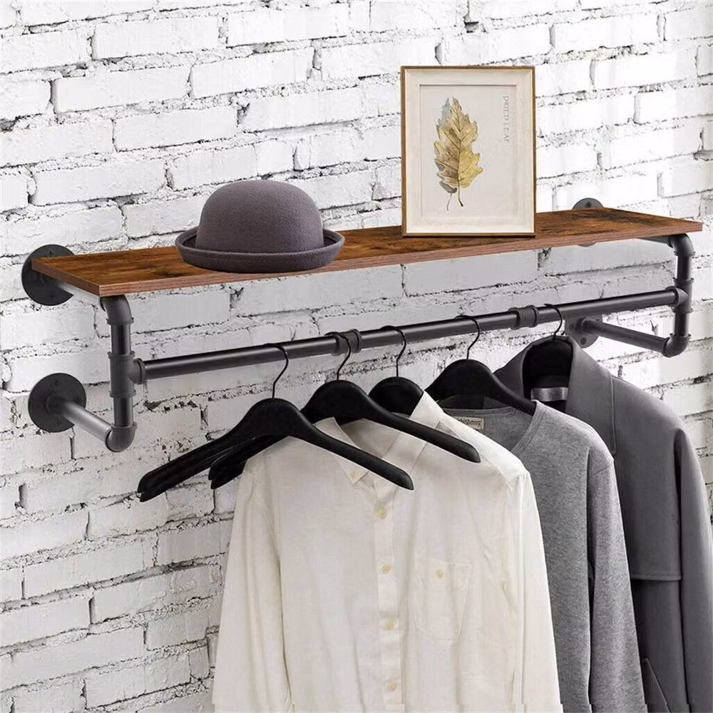 NESTLUNE Industrial Metal and Wood Clothes Rack Rail in Black, W/D/H: 100 x 15 x 15 cm – 3