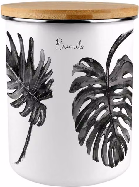 Purely Home Painted Leaves Extra Large Metal Biscuit Tin in Black and White Floral Design