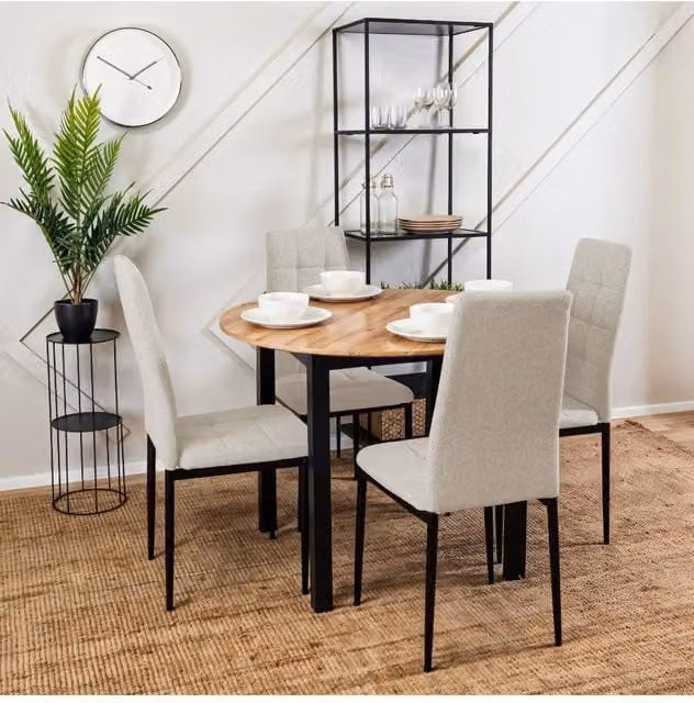 Living and Home Set of 4 Beige Linen Upholstered Dining Chairs with Metal Frame – 1