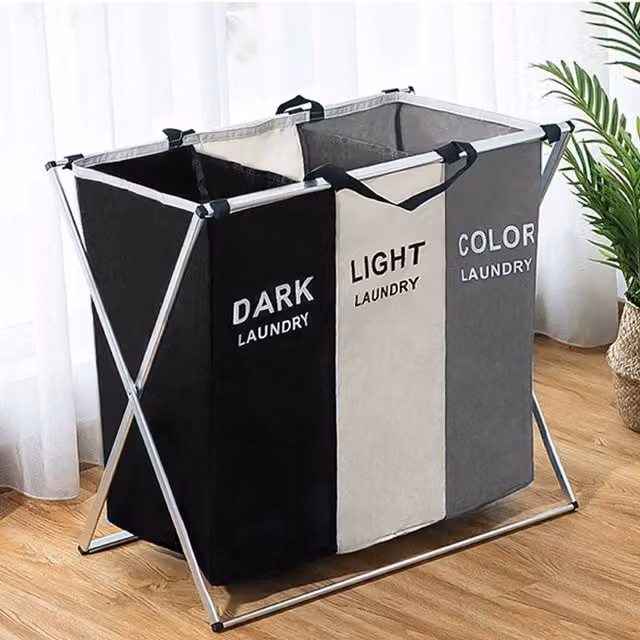 Livingandhome Collapsible 3 Section Laundry Hamper Basket in Black and Multicolour