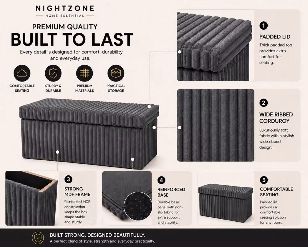 Homes-Linen Corduroy Ribbed Foldable Storage Ottoman in Charcoal Grey, W: 78 cm, D: 38 cm, H: 38 cm – 4