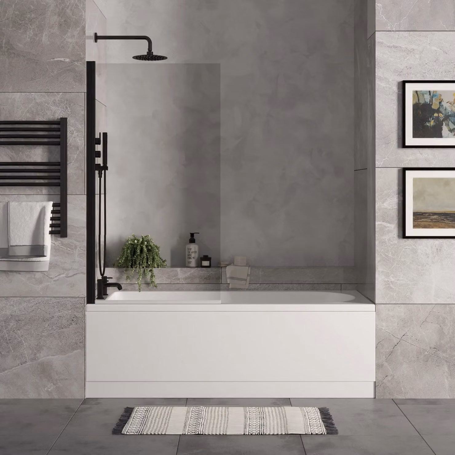 Balterley Round Single Ended Bath Set with Leg Set and Black Reversible Screen, White, W: 170 cm, D: 70 cm