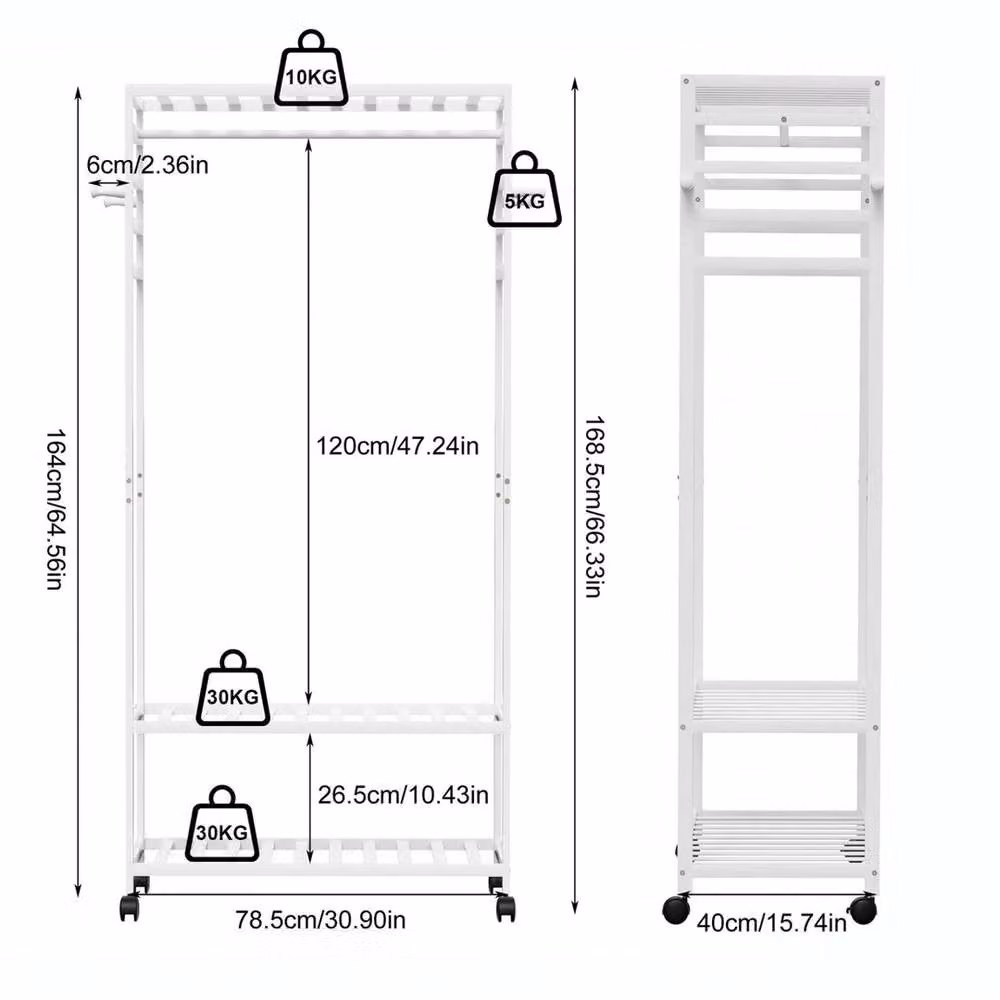 KORVIXA White Bamboo Clothes Rail and Coat Rack with Dual Hook and Rail Matrix – 2