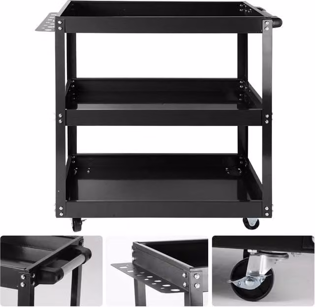 Nordara 3 Tier Heavy Duty Metal Tool Cart Garage Trolley in Black, W: 52 cm, D: 52 cm, H: 74 cm – 1
