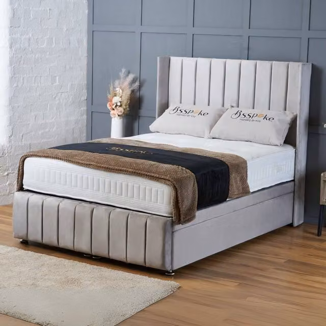 BSSPOKE Zoe Super King Ottoman Divan Bed in Silver Plush Velvet with 54 inch Headboard and Footboard – 1