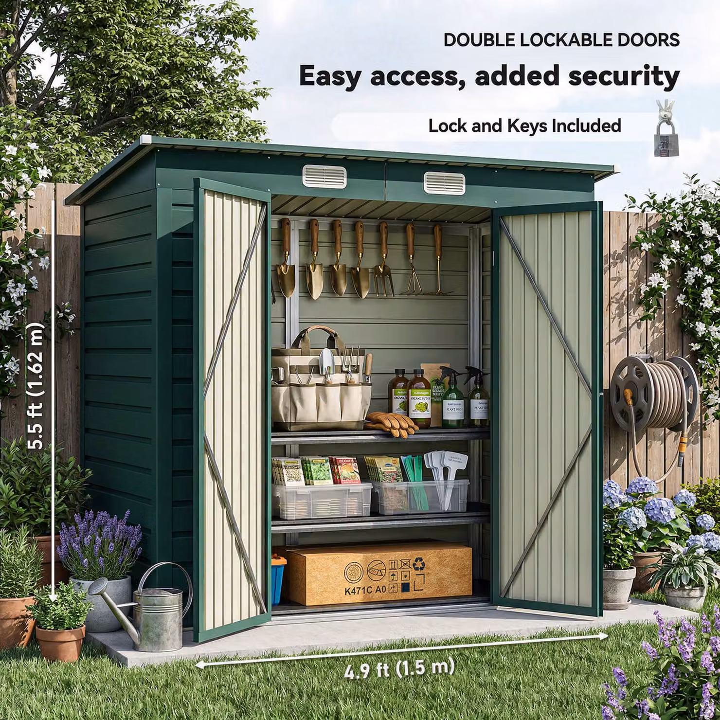 Outsunny Green Metal Pent Shed with Double Doors and 2 Vents – 5