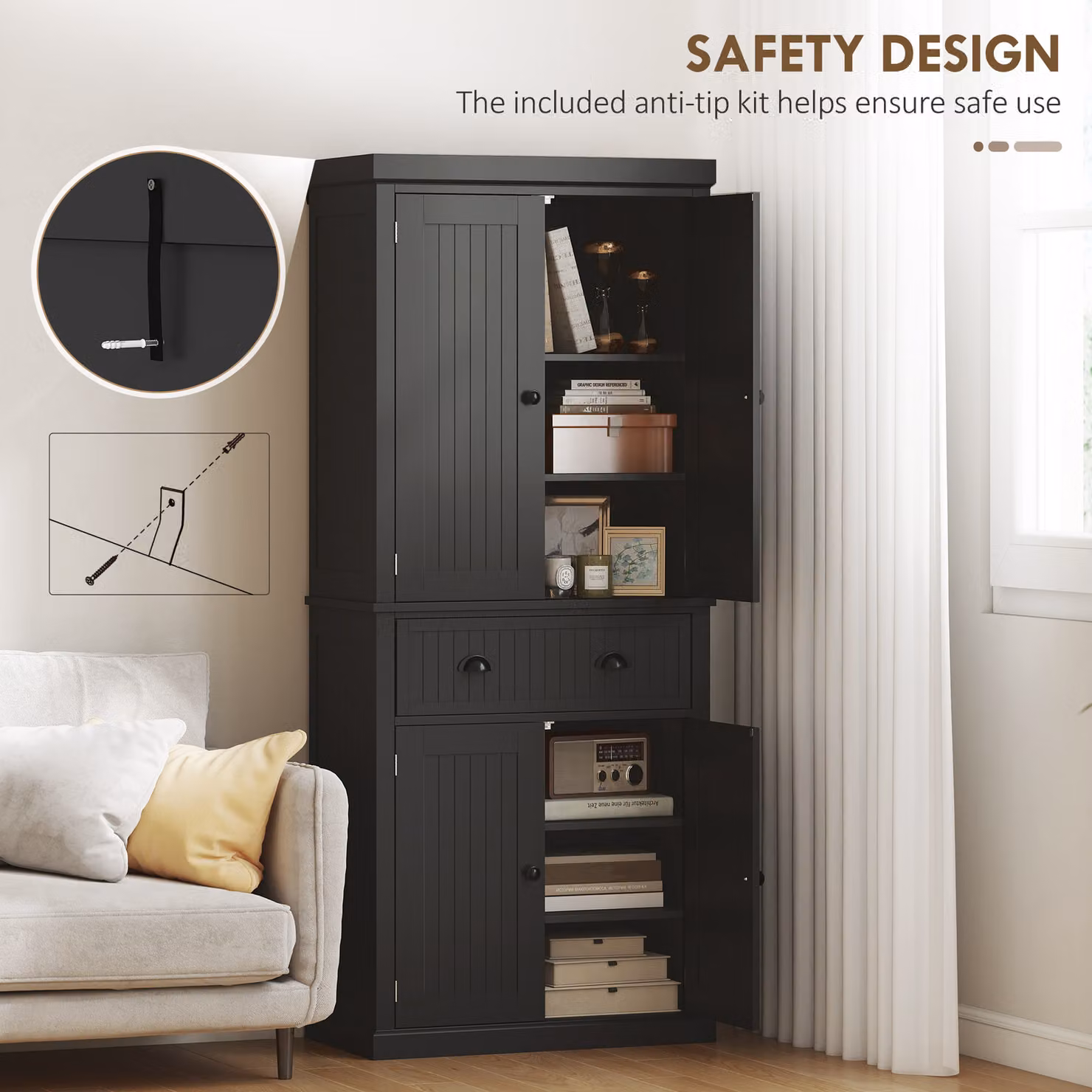 HOMCOM Black Kitchen Storage Cabinet with Drawer, Adjustable Internal Shelves and Hinged Doors, H 183.0 x W 76.2 x D 39.3 cm – 6