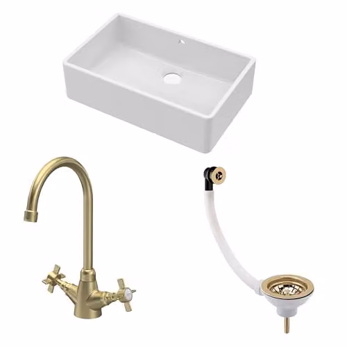 Balterley White Ceramic Butler Sink with Mono Crosshead Mixer Tap and Waste, Single Bowl Apron Front Design in White and Brushed Brass