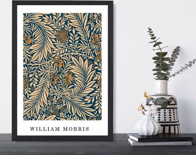 ARTZE Vintage William Morris Larkspur Floral Art Print in Navy and Beige with Black Frame, A4