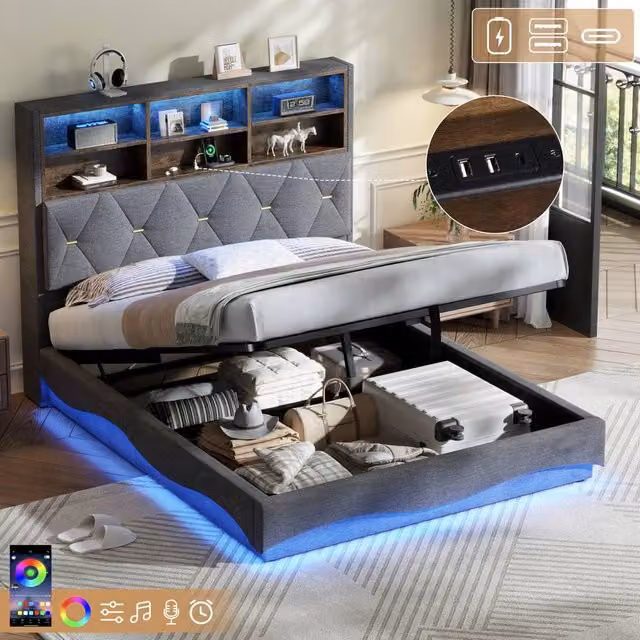 Rolipo Double Upholstered Hydraulic Storage Bed Frame with LED Lighting and USB Charging Port, Grey, 140 x 200 cm