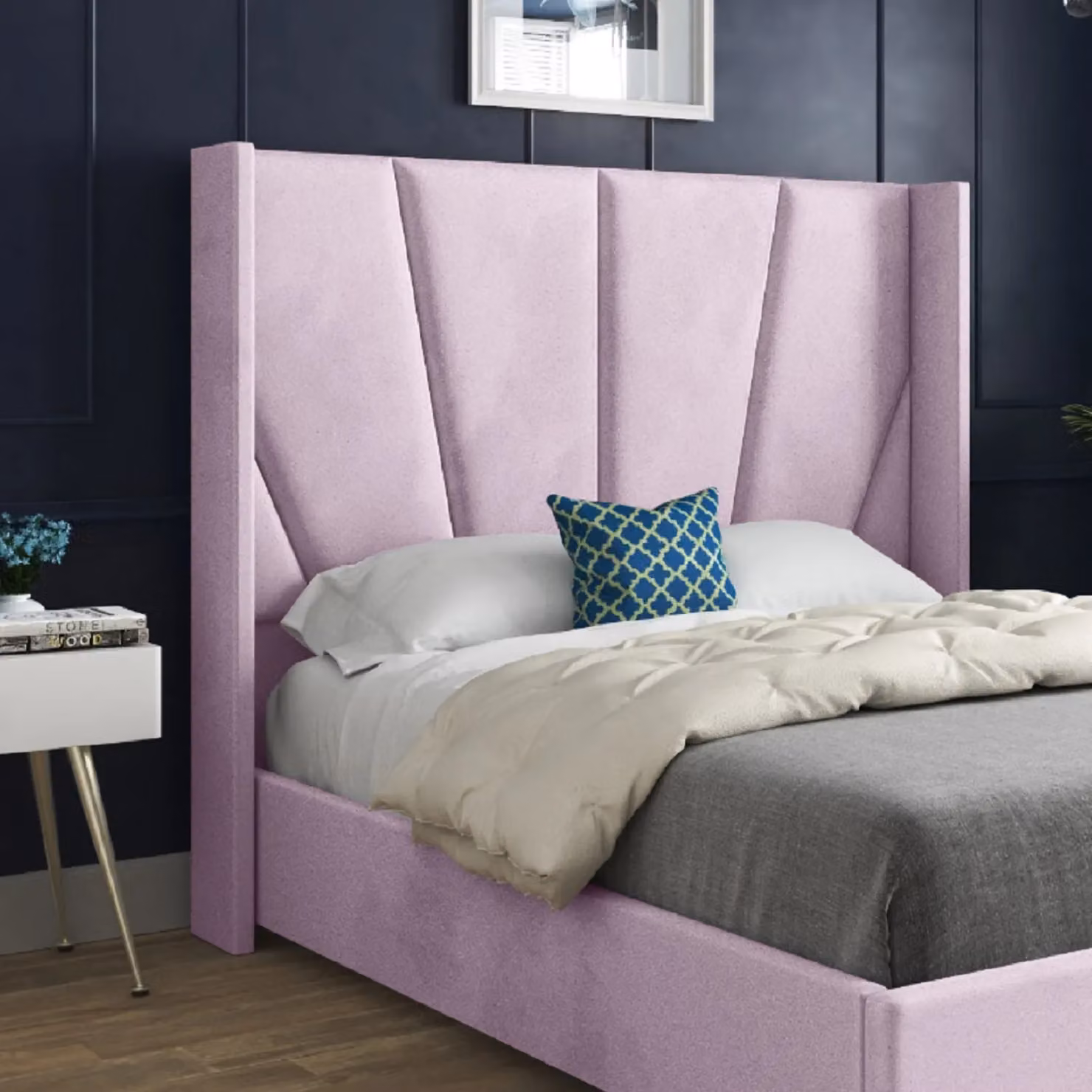 Casani Bellini Single Wide Curved Winged Upholstered Velvet Bed Frame in Pink, W/D/H: 90 x 200 x 137 cm – 2
