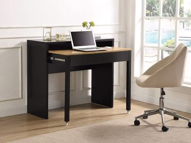 LOAVIA Extendable Console Desk with 2 Drawers in Black and Natural, W/D/H: 100 x 40 x 75 cm