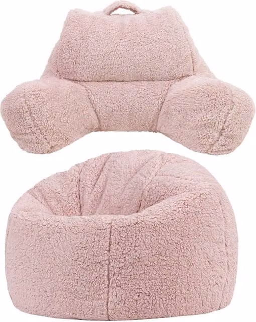 icon Cuddle Cushion & Kids Kingston Teddy Berber Classic Bean Bag in Light Pink with Bouclé Fabric and Removable Cover – 1
