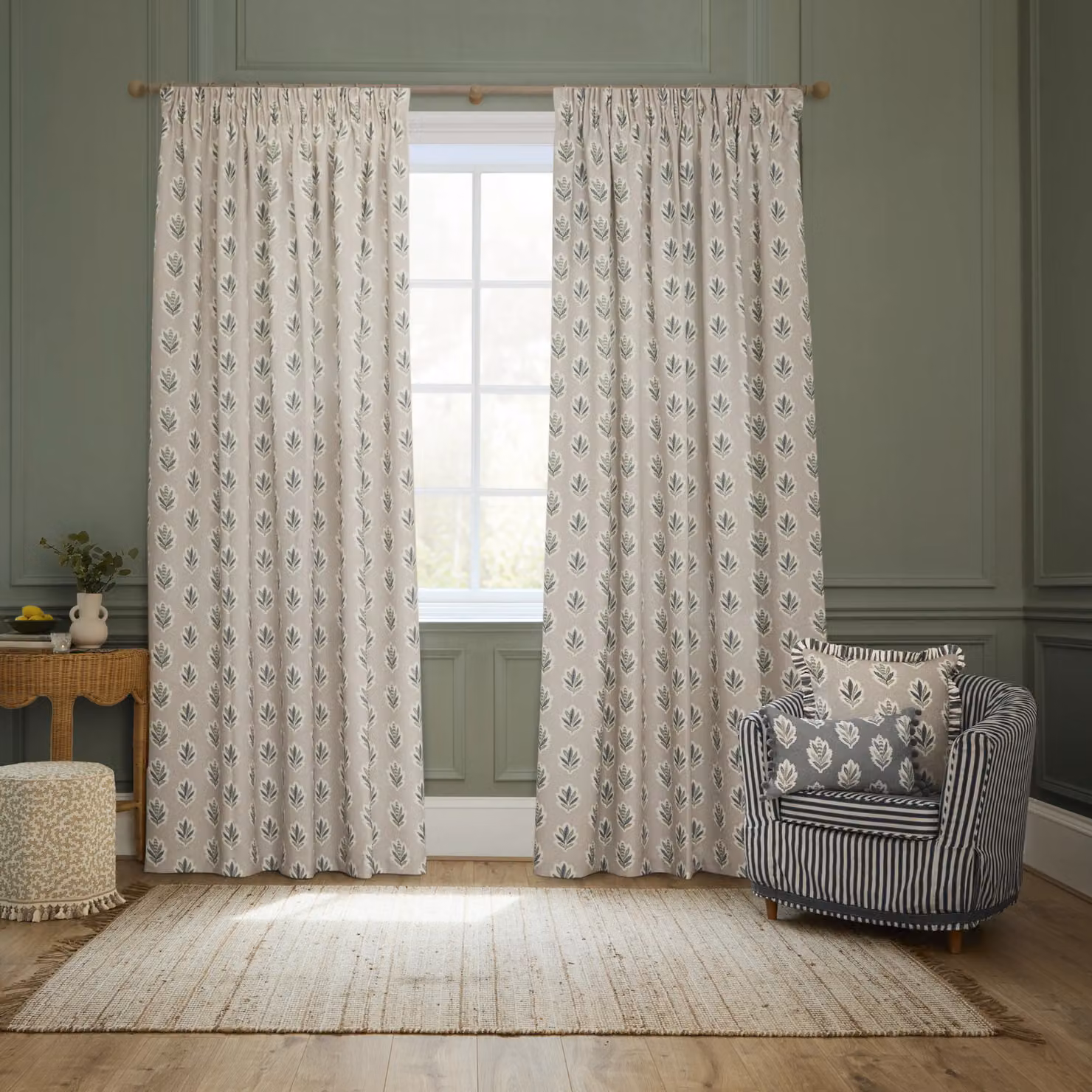 Sanderson Sessile Leaf Printed Room Darkening Pencil Pleat Curtains in Light Blue, Width: 229 cm, Drop: 229 cm – 2