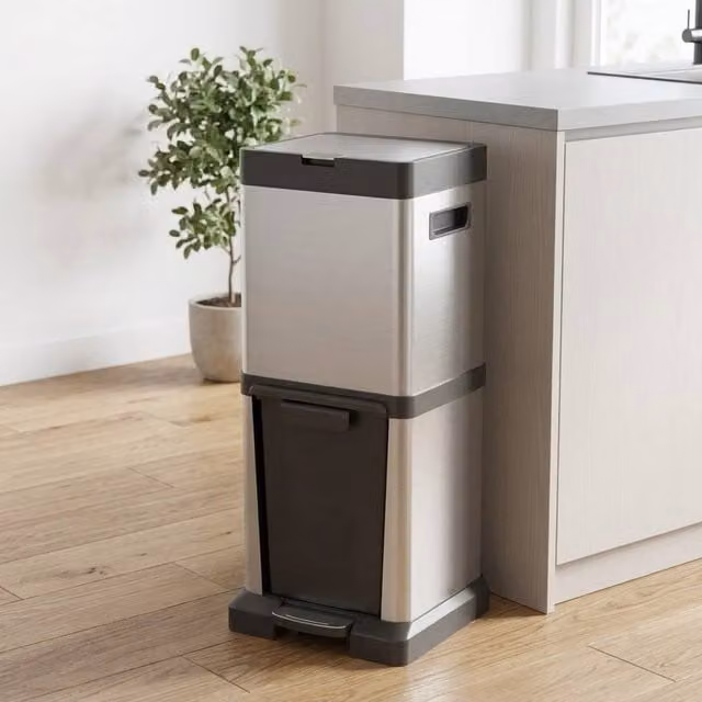 STILVORA Dual Compartment Stainless Steel Kitchen Bin with Soft-Close Lid and Pedal in Silver – 1