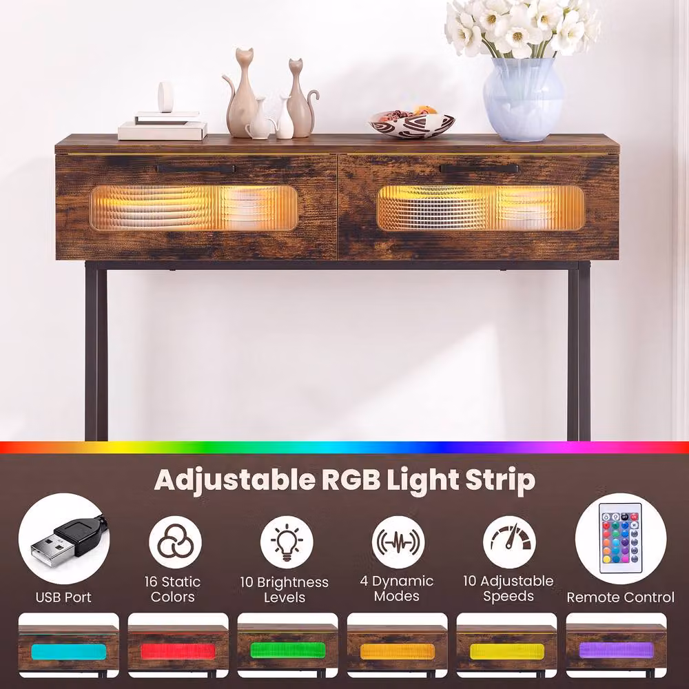 Gymax Rustic Brown Farmhouse Console Table with Colourful LED Lights – 9