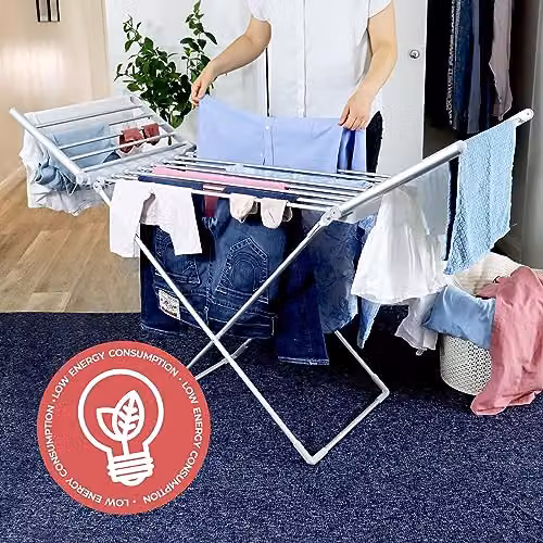 Igenix Winged Electric Heated Clothes Airer with Cover in Silver and White, Foldable Aluminium Indoor Drier Rack – 2