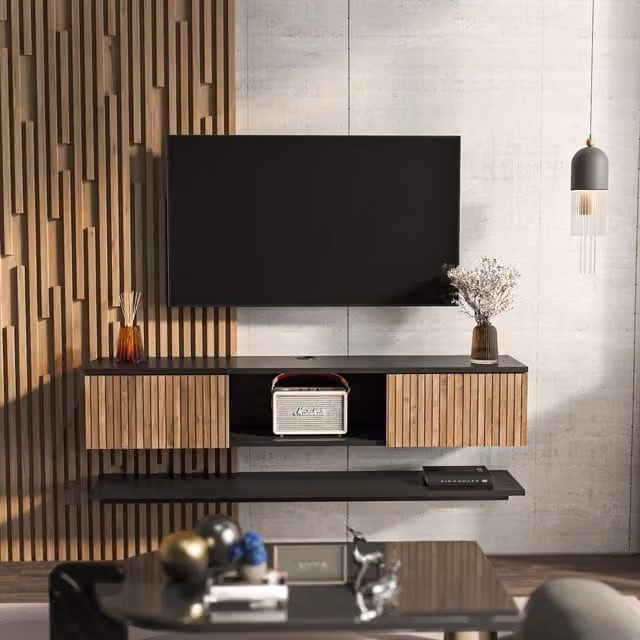 Decorotika Elia Wall Mounted TV Unit with Wall Shelf, Black