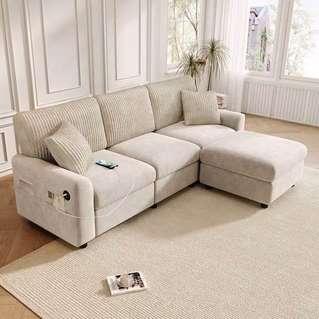 Merax Reversible L-Shape Chenille Corner Sofa in Beige with Matching Ottoman, Scatter Cushions and USB/Type-C Charging Ports