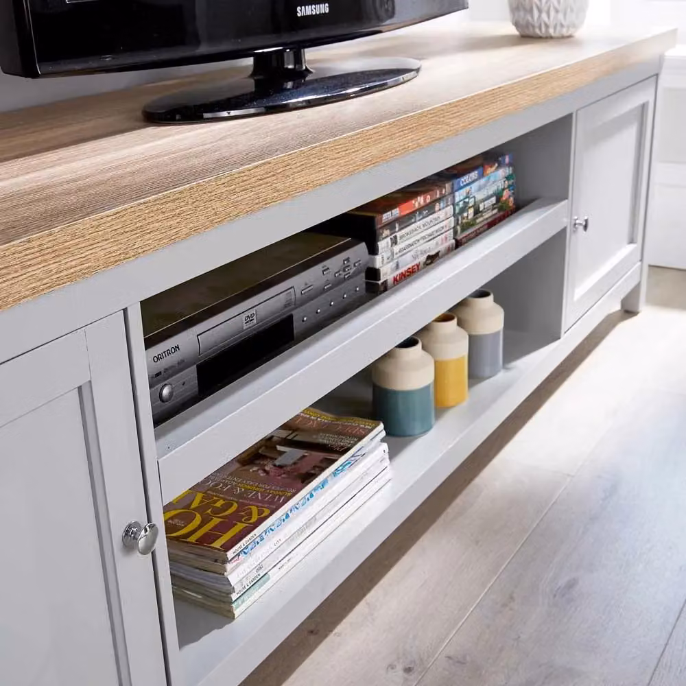 Home Source Modern 2 Door TV Stand Unit with Storage Cabinet and Open Shelving in Grey – 3