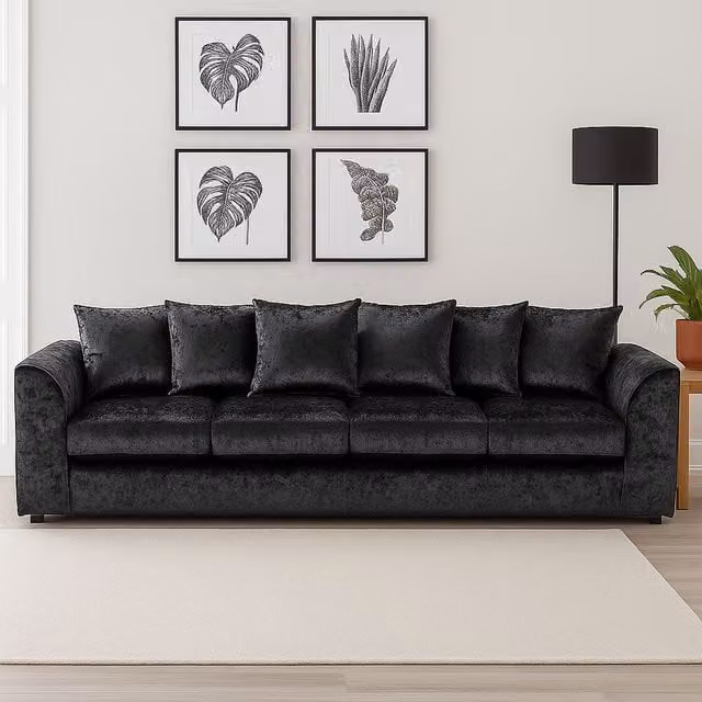Furnishings For Less UK Black Crystal Crushed Velvet 4 Seater Curved Arm Sofa with Scatter Cushions – 1