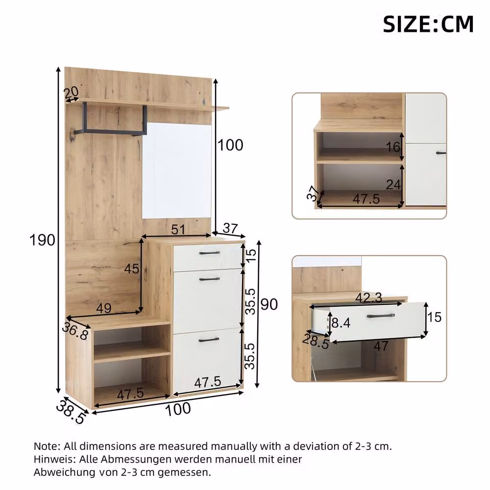 Merax Entryway Cloakroom Unit with Mirror, Coat Rack, Shoe Bench and Drawer in Natural and White, W/D/H: 120 x 38.5 x 190 cm – 2
