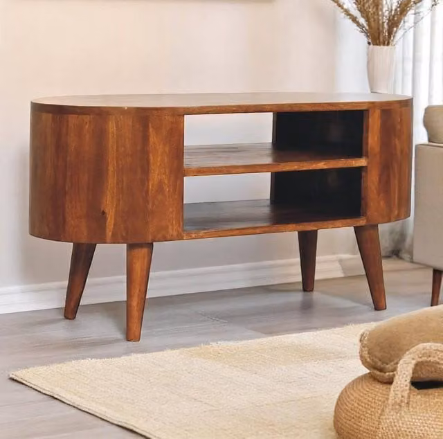 STILVORA Minimalist Mango Wood TV Unit in Brown with 2 Shelves – 1