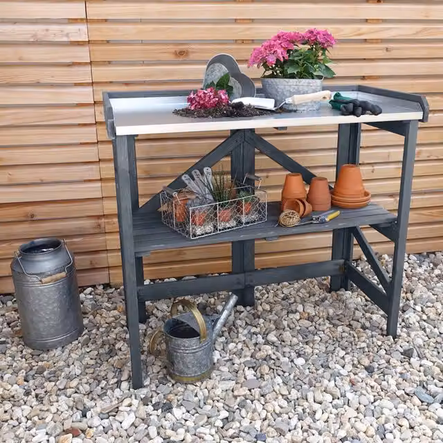 Promex Grey Garden Potting Table with Zinc Plated Worktop